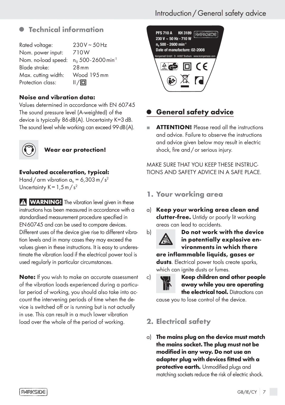 Kompernass PFS 710 A Introduction / General safety advice, Technical information, Your working area, Electrical safety 